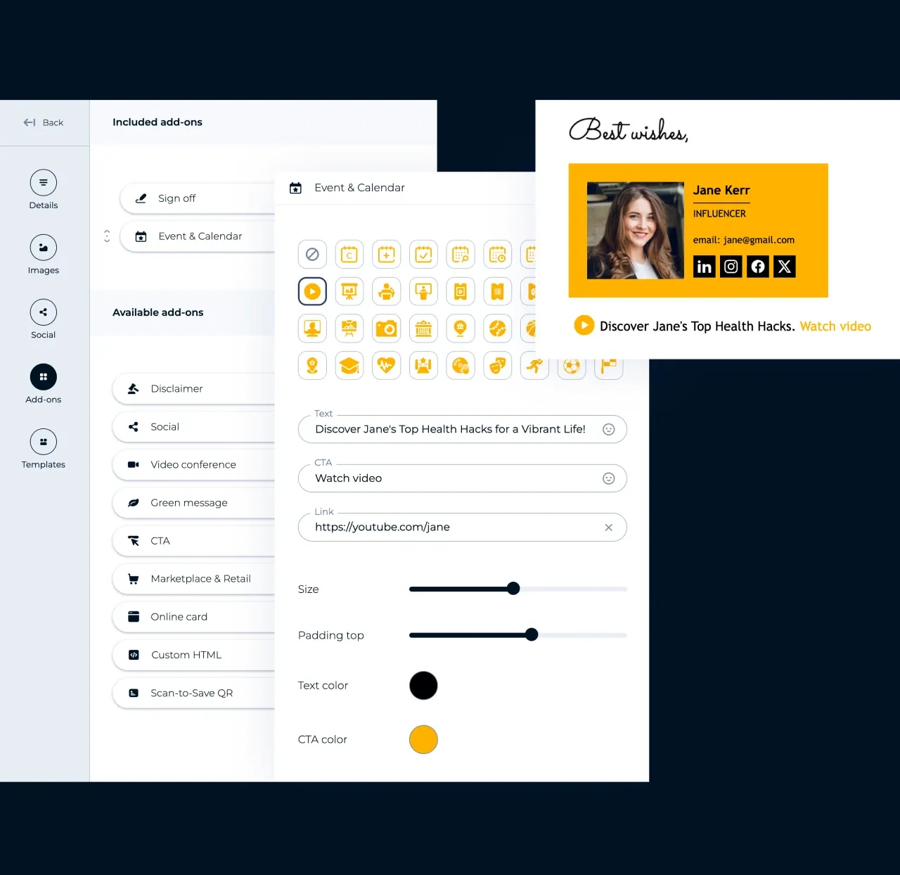 Editor da MySignature: lista de recursos adicionais para assinaturas de e-mail e um recurso de Evento e Agenda com link de vídeo
