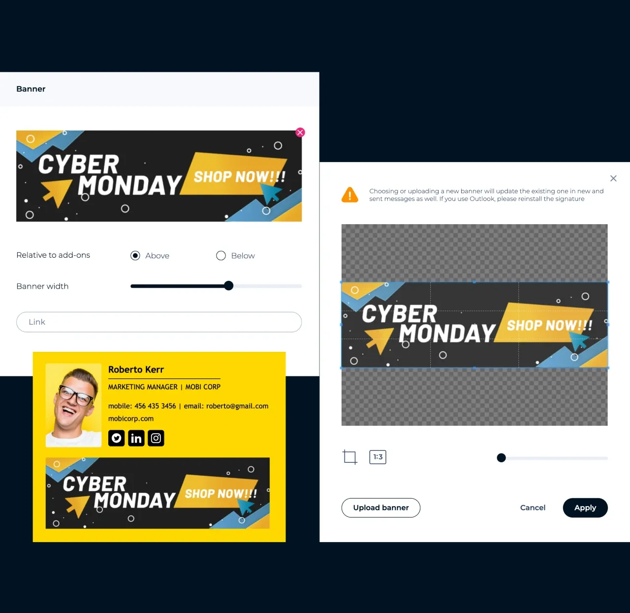 Editor da MySignature: envie e recorte um banner promocional para a assinatura de e-mail