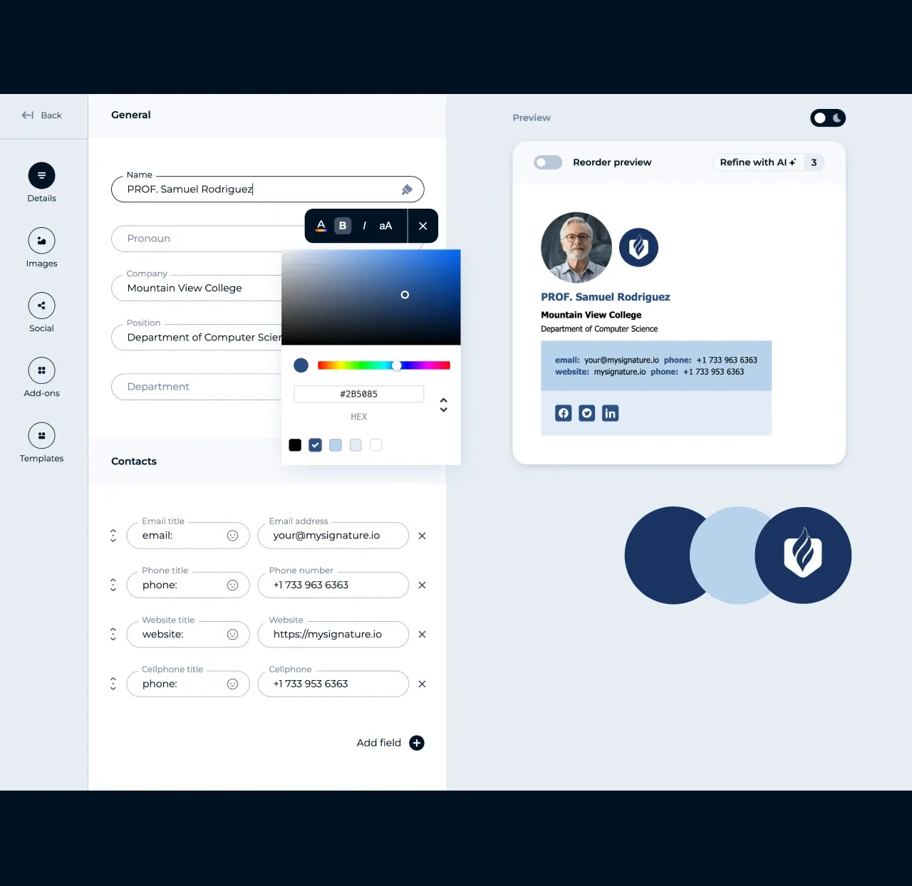Editor da MySignature: defina uma cor personalizada para o nome na assinatura de e-mail usando o seletor de cores