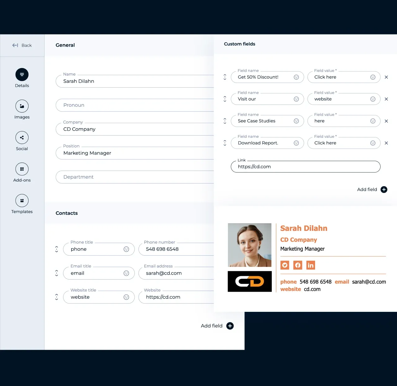 Editor da MySignature: adicione campos de e-mail, telefone, endereço e site à assinatura de e-mail