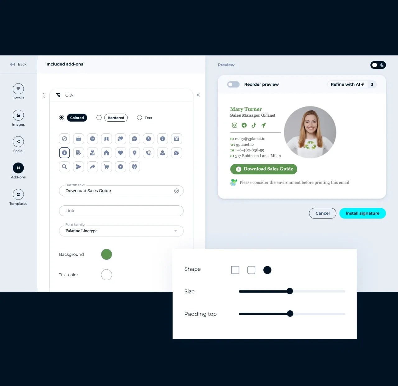 Editor da MySignature: adicione botão de CTA com texto e cores personalizados à assinatura de e-mail