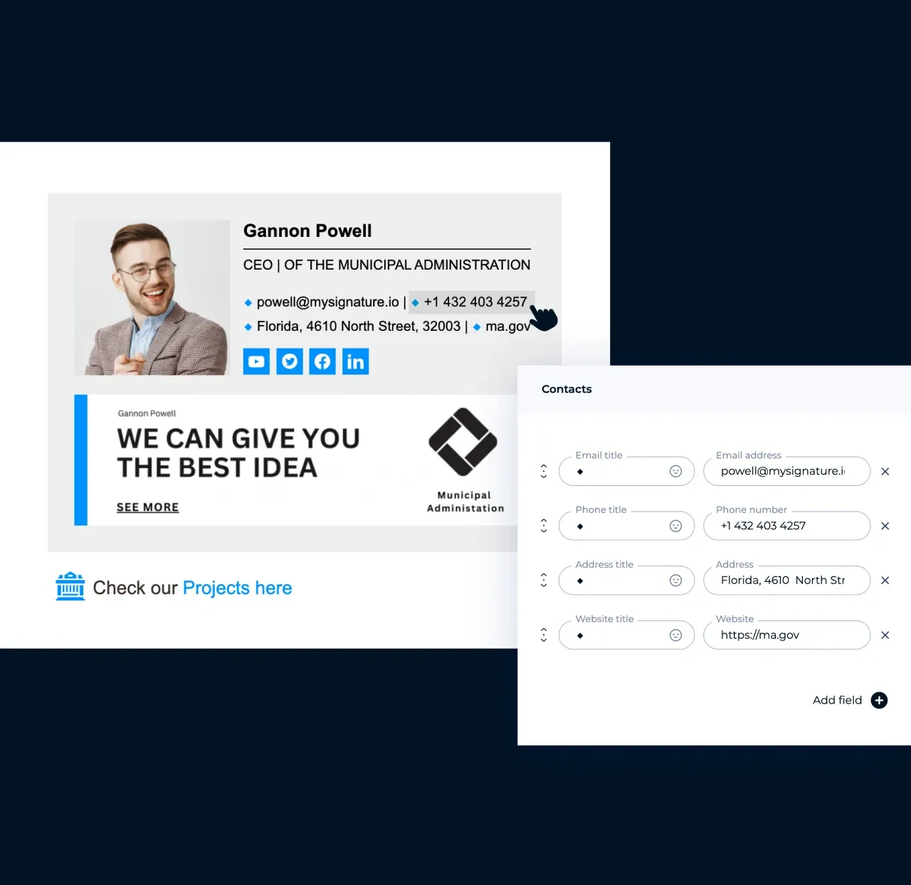 Editor da MySignature: adição de campos personalizados com links clicáveis à assinatura de e-mail