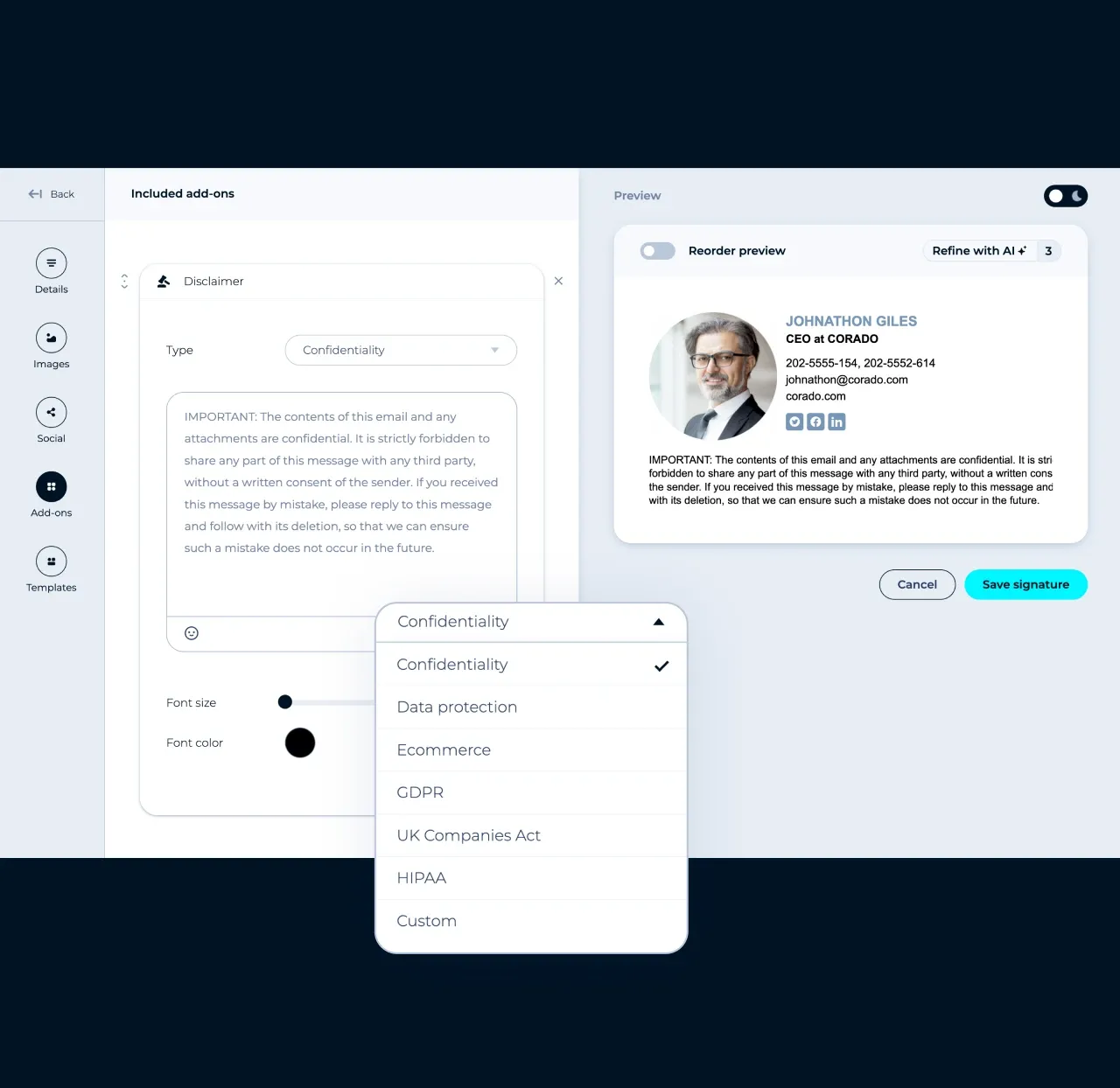 Editor da MySignature: adicione um aviso de confidencialidade a partir de modelos prontos