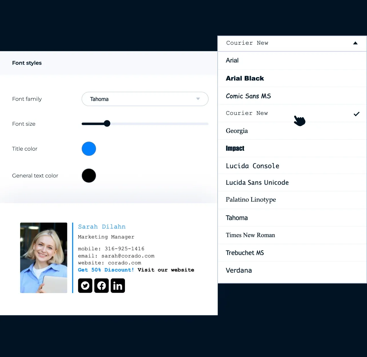 Editor da MySignature: escolha a família da fonte e o tamanho para a assinatura de e-mail