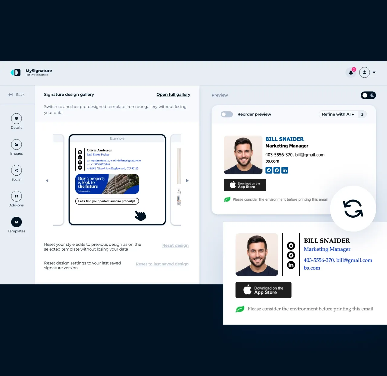 Editor da MySignature: escolha outro modelo na galeria de assinaturas sem perder os dados preenchidos