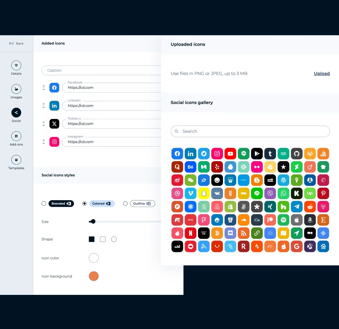 Editor da MySignature: adicione ícones de redes sociais pela galeria e escolha estilos e cores