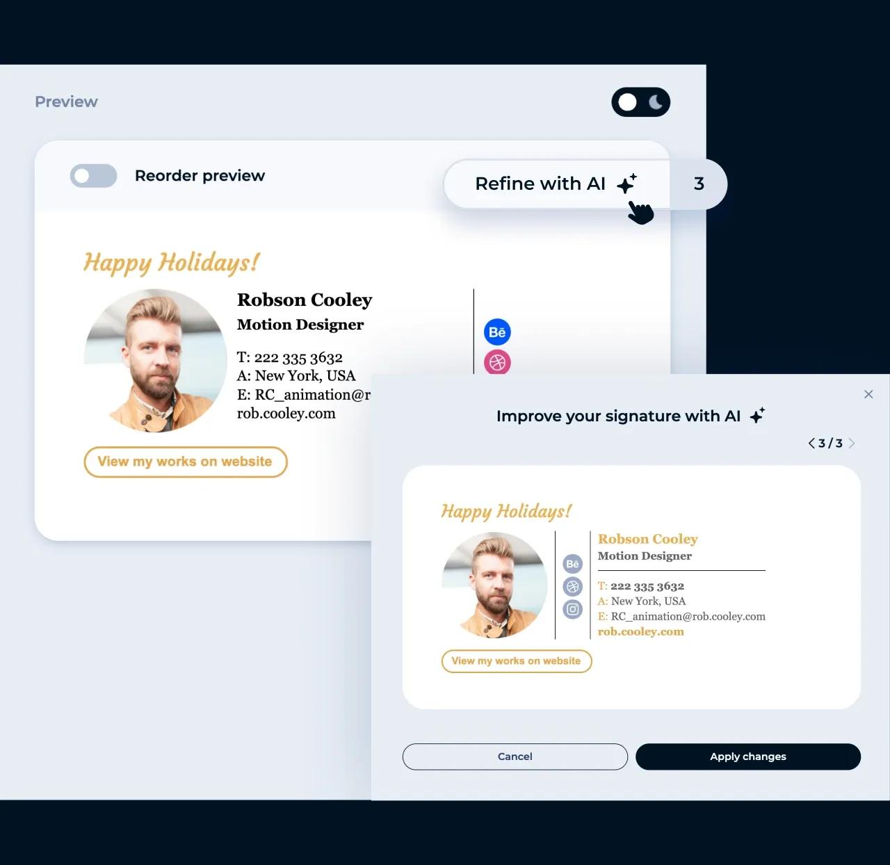 Editor da MySignature: aprimoramento do design de uma assinatura de e-mail com o recurso Aprimorar com IA