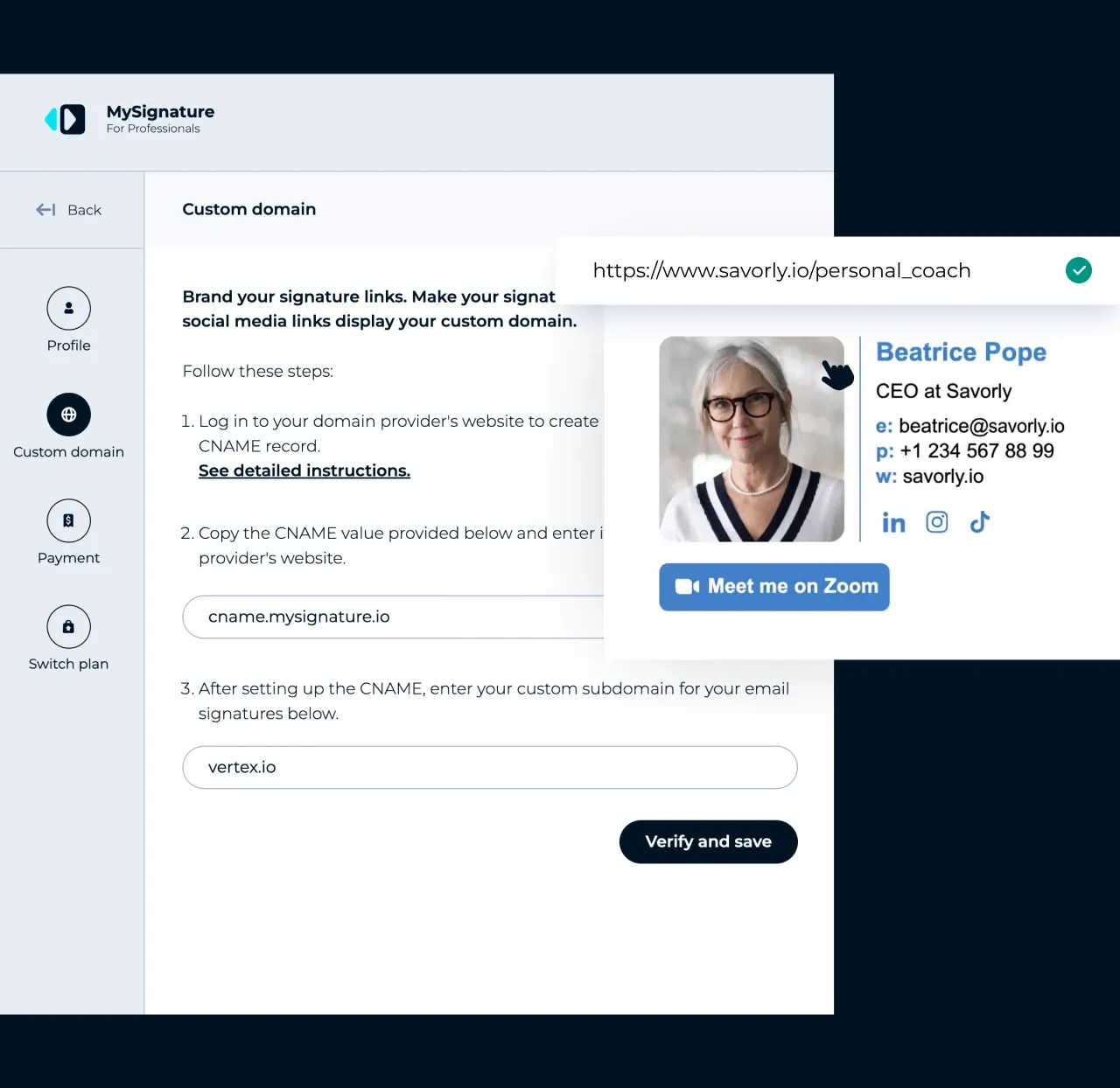 Configurações da MySignature: conexão de um domínio personalizado para que os links da assinatura de e-mail exibam sua própria marca