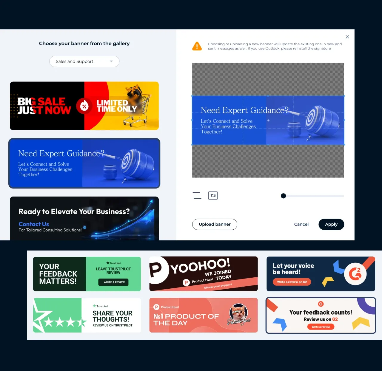 Editor da MySignature: escolha de um banner de marketing pronto na galeria e ajuste do recorte para a assinatura de e-mail