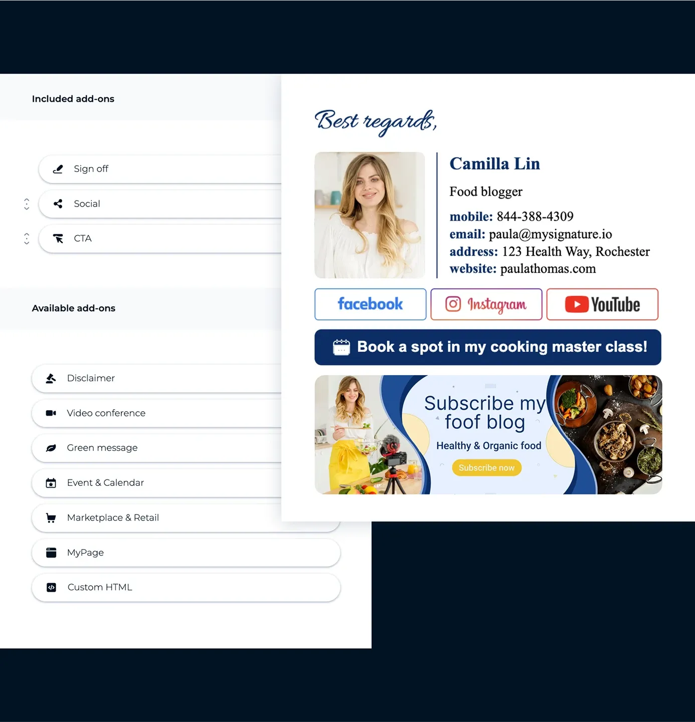 Dica 2: Adicione ícones clicáveis e CTAs para uma assinatura de e-mail eficaz na geração de leads